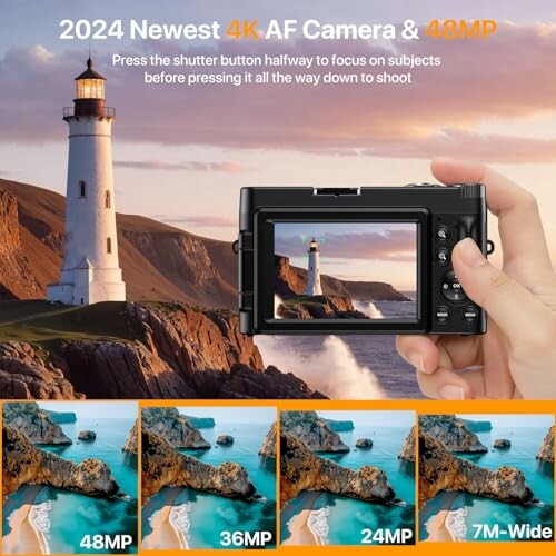 Hand holding a camera with a lighthouse and coastal view displayed on the screen, highlighting 48MP, 36MP, 24MP, and 7M-Wide features.