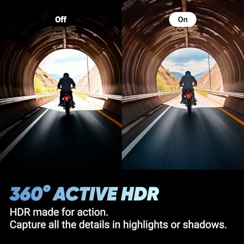 Comparison of HDR effect on a motorcyclist in a tunnel, showing enhanced details in highlights and shadows.