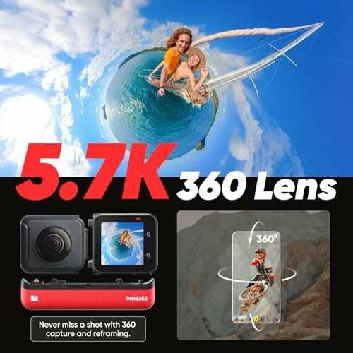 360 camera and lens with people sailing on a small boat.