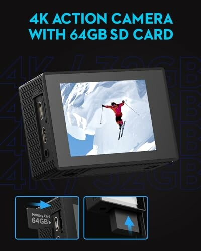 4K action camera with 64GB SD card, showing skier on screen.