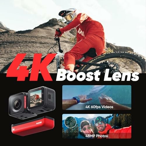 Cyclist on rocky terrain with 4K Boost Lens action camera features.