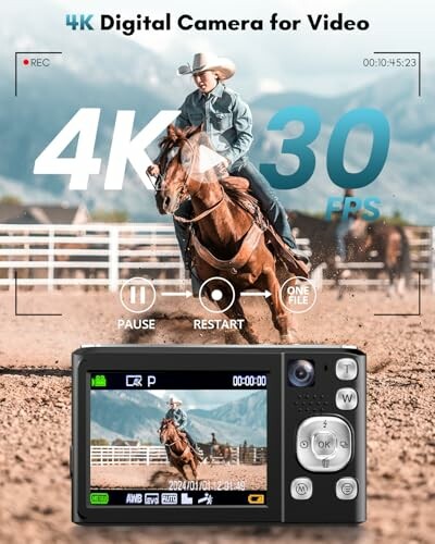 A digital camera display showing a cowboy riding a horse with 4K 30 FPS text overlay.