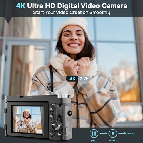 Woman smiling with a 4K Ultra HD Digital Video Camera highlighting video quality.