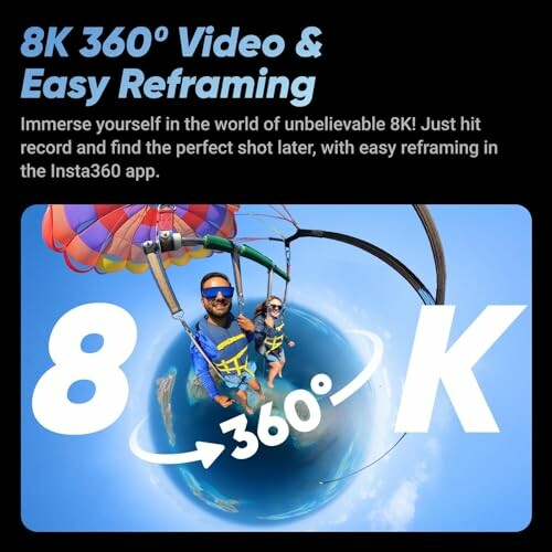 8K 360° video and easy reframing promotion with a skydiving scene.