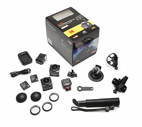 Action camera accessory kit with camera, mounts, and accessories.