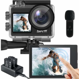 Action camera with screen, microphone, and charger.