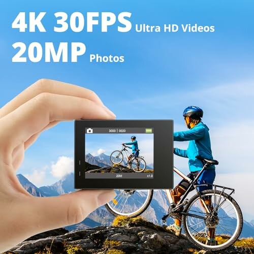 Person on bicycle with action camera displaying 4K 30FPS and 20MP.