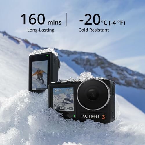 Action cameras in snow showcasing durability and cold resistance.