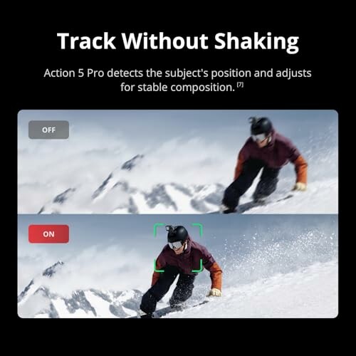 Comparison of Action 5 Pro camera tracking, showing stability with tracking on and off.