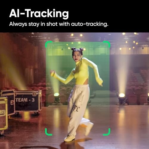 Dancer in yellow top demonstrating AI auto-tracking technology.