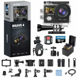 AKASO Brave 4 action camera with accessories including mounts, remote, and memory card.