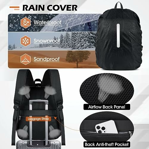 Backpack rain cover features: waterproof, snowproof, sandproof, with airflow back panel, luggage strap, and anti-theft pocket