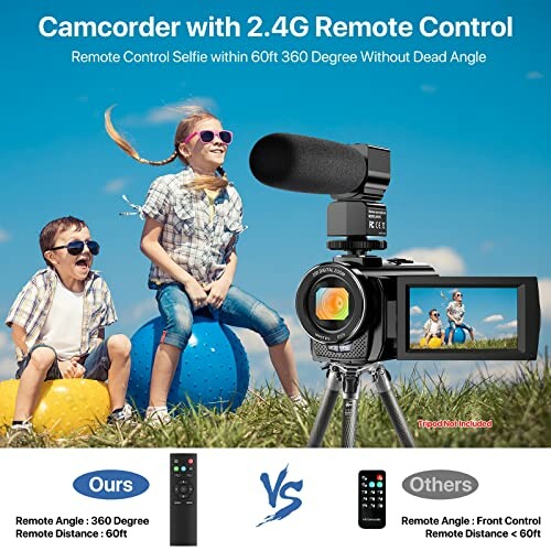 Children using camcorder with remote control outdoors