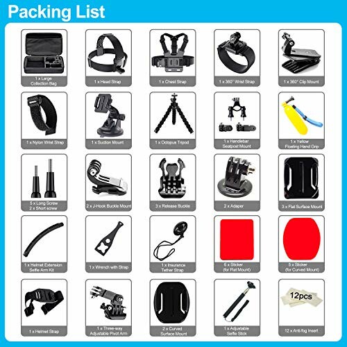 Contents of a camera accessories kit with various mounts and straps.