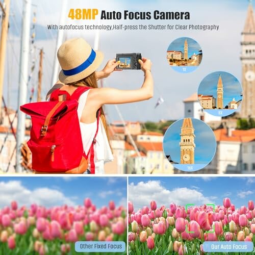 Woman photographing buildings with autofocus camera, demonstrating zoom capabilities and tulip focus comparison