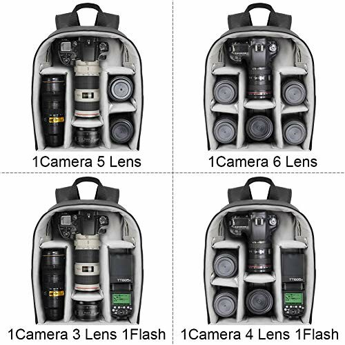 Camera backpack with different lens and flash configurations.