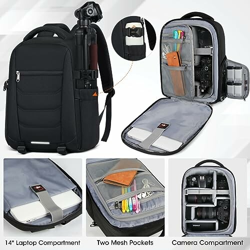 Camera backpack with compartments for laptop, mesh pockets, and camera gear