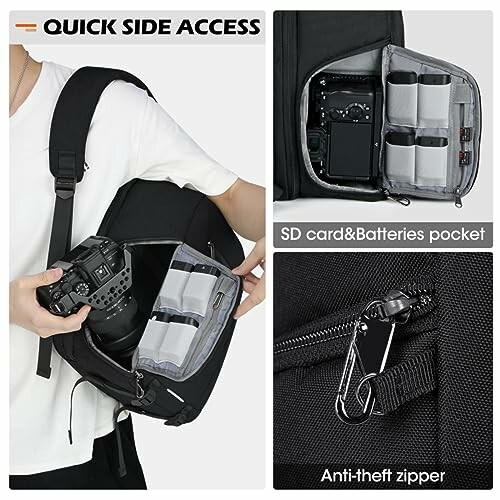 Camera backpack with side access, SD card pockets, and anti-theft zipper