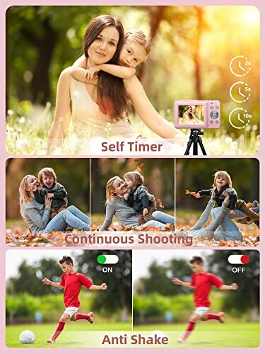 Collage showcasing camera features: self-timer, continuous shooting, and anti-shake with family outdoor scenes.