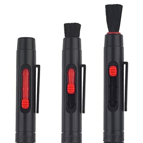 Three black camera lens cleaning pens with retractable brushes.