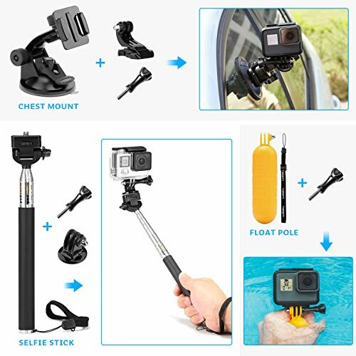 Camera mount accessories including chest mount, selfie stick, and float pole.