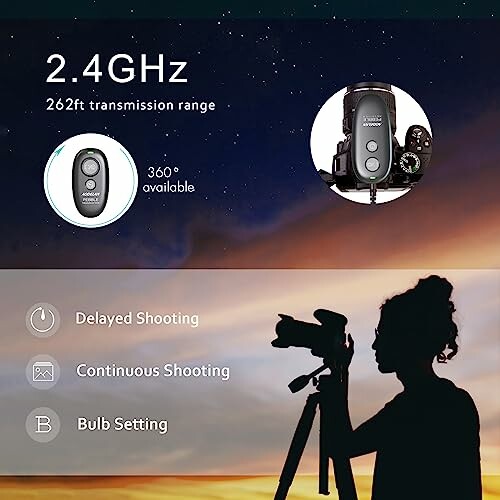 Camera remote control features with silhouetted photographer.