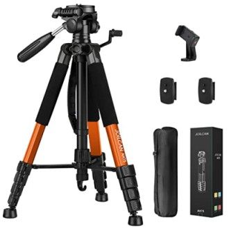 Camera tripod with accessories including a carrying case and mount adapters.