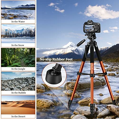 Camera on tripod in rocky riverbed with terrain examples.