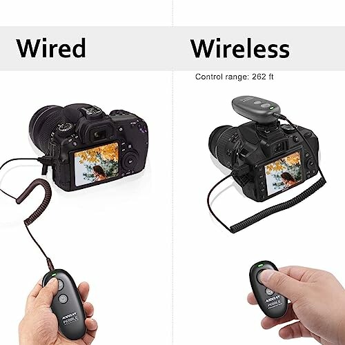 Comparison of wired and wireless camera remotes with control range.