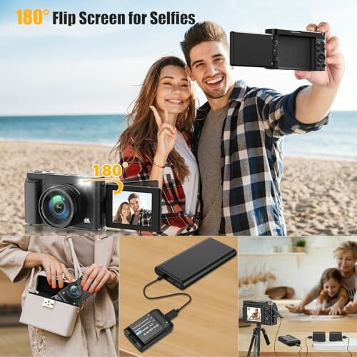 Collage showing a camera with a 180-degree flip screen for selfies, people taking a selfie on the beach, camera close-up, battery charging, and a family using the camera