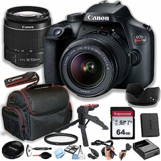 Canon camera bundle with lens, bag, tripod, and accessories.