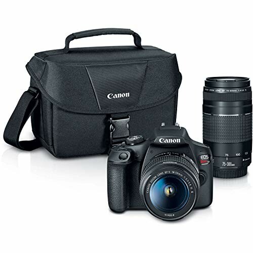 Canon camera kit with camera body, lens, and carrying case.