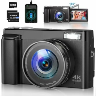 4K Ultra HD digital camera with accessories including a 32GB SD card and charger.