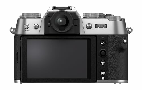 Back view of a digital camera with a screen and control buttons.