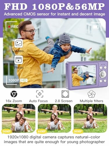 Man playing with child, showcasing digital camera features.