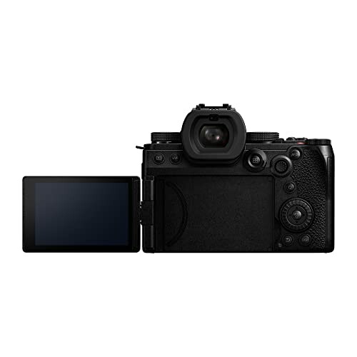 Digital camera with flip-out screen in rear view.