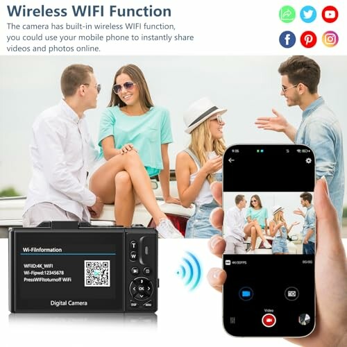 Digital camera with wireless WiFi function and smartphone connectivity.