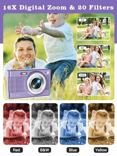 Digital camera showcasing 16X zoom and 20 filters with family photos.