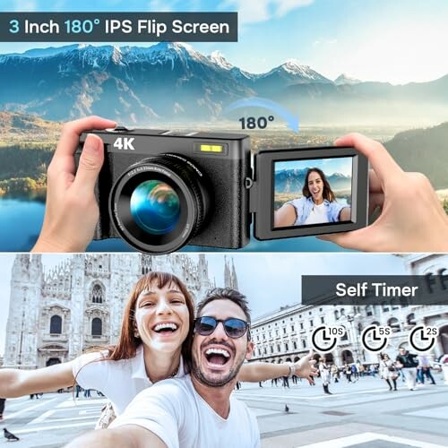 Person using a digital camera with a 180-degree flip screen, showing a scenic background and a couple taking a selfie with a self-timer feature.