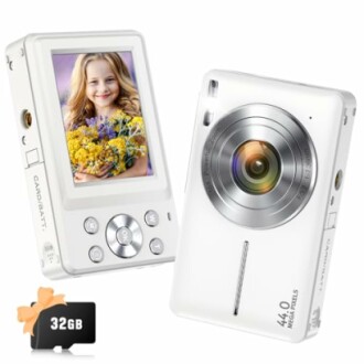 White digital camera with LCD screen and 32GB SD card.