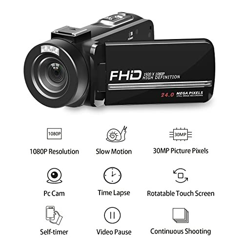 Digital video camera with features like 1080P resolution, slow motion, 30MP picture pixels, PC cam, time lapse, rotatable touch screen, self-timer, video pause, continuous shooting.