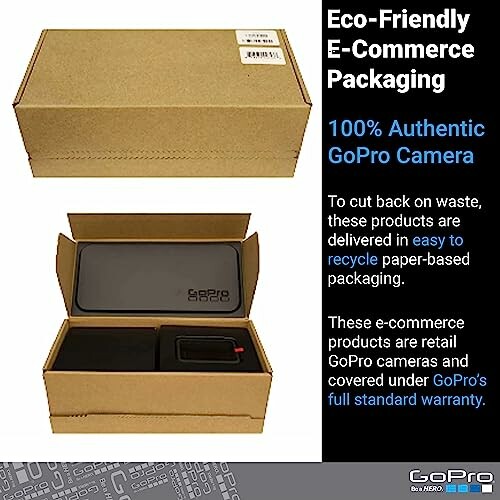 Eco-friendly packaging for 100% authentic GoPro camera with recyclable materials.