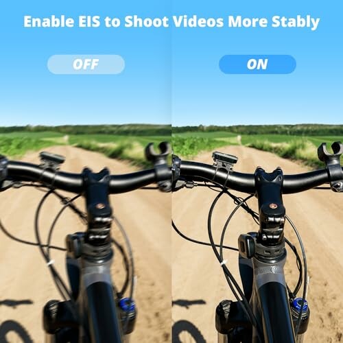 Comparison of video stability with EIS off and on while cycling on a dirt path.