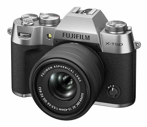 Fujifilm X-T50 mirrorless camera with aspherical lens.