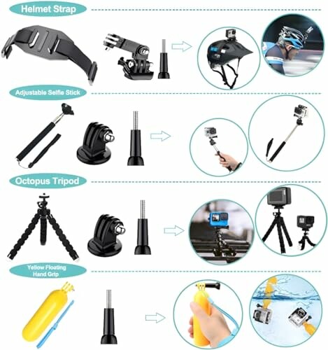 GoPro accessory kit with helmet strap, adjustable selfie stick, octopus tripod, and floating hand grip.