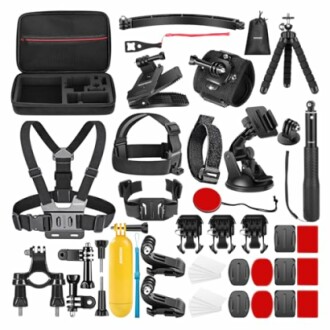 Various GoPro accessories including mounts, straps, and cases.