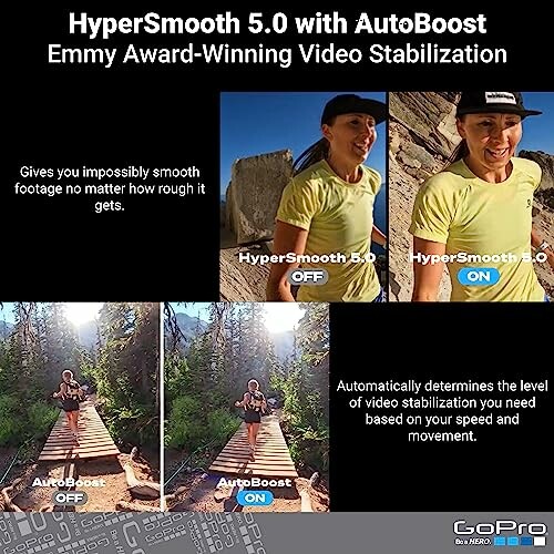 Comparison of video stabilization with and without HyperSmooth 5.0 and AutoBoost on GoPro.