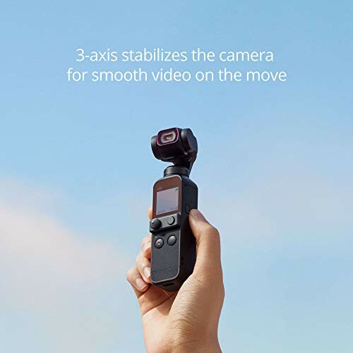 Person holding a handheld camera gimbal against a blue sky.