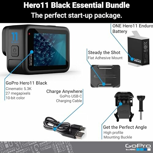 Hero11 Black Essential Bundle with camera, battery, mounts, and charging cable.