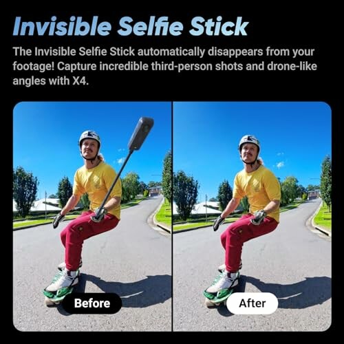 Comparison of visible and invisible selfie stick effect while skating.